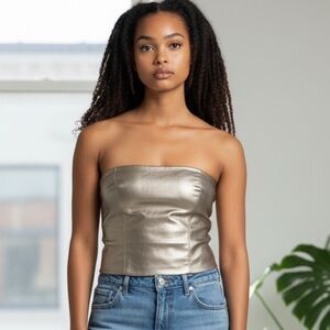 Metallic Gold Faux Leather Strapless Corset Tube Top Structured Bustier Size M